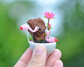 Miniature Clay Flamingo Figurine: Tropical Diorama or Individual Bird