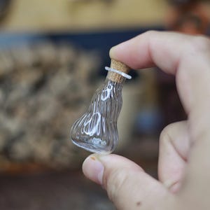 May include: A small, clear glass bottle with a cork stopper and a white ring around the neck. The bottle has a unique, curved shape and is held between fingers. The background is blurred, suggesting a craft or decorative item.