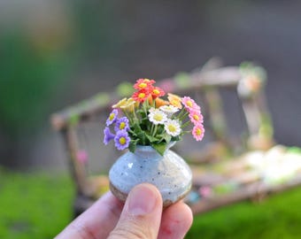 Miniature Clay Daisy Flower, Dollhouse Tiny Floral Arrangement, Fairy