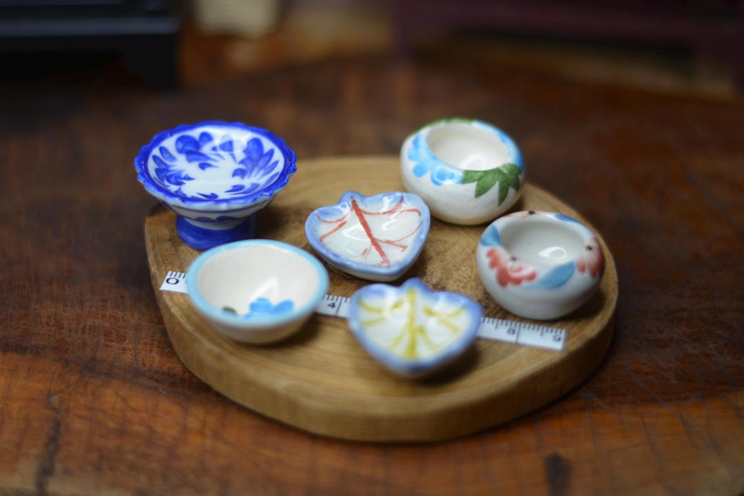 Miniature Ceramic Bowl and Dish, Dollhouse Kitchen Tableware, Hand ...