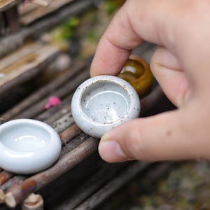 May include: Small, round ceramic bowls, one held in a hand, the other on a wooden surface. The bowls are light-coloured with a speckled texture. The scene suggests a miniature garden or diorama setting, with a focus on the small bowls.