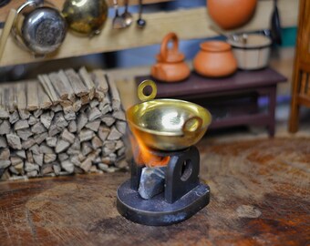 Sartén miniatura de latón, utensilios de cocina funcionales del sur de Asia, decoración de cocina