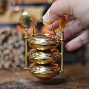 Vintage Miniature Brass Tiffin Carrier: South Asian Dollhouse Cookware