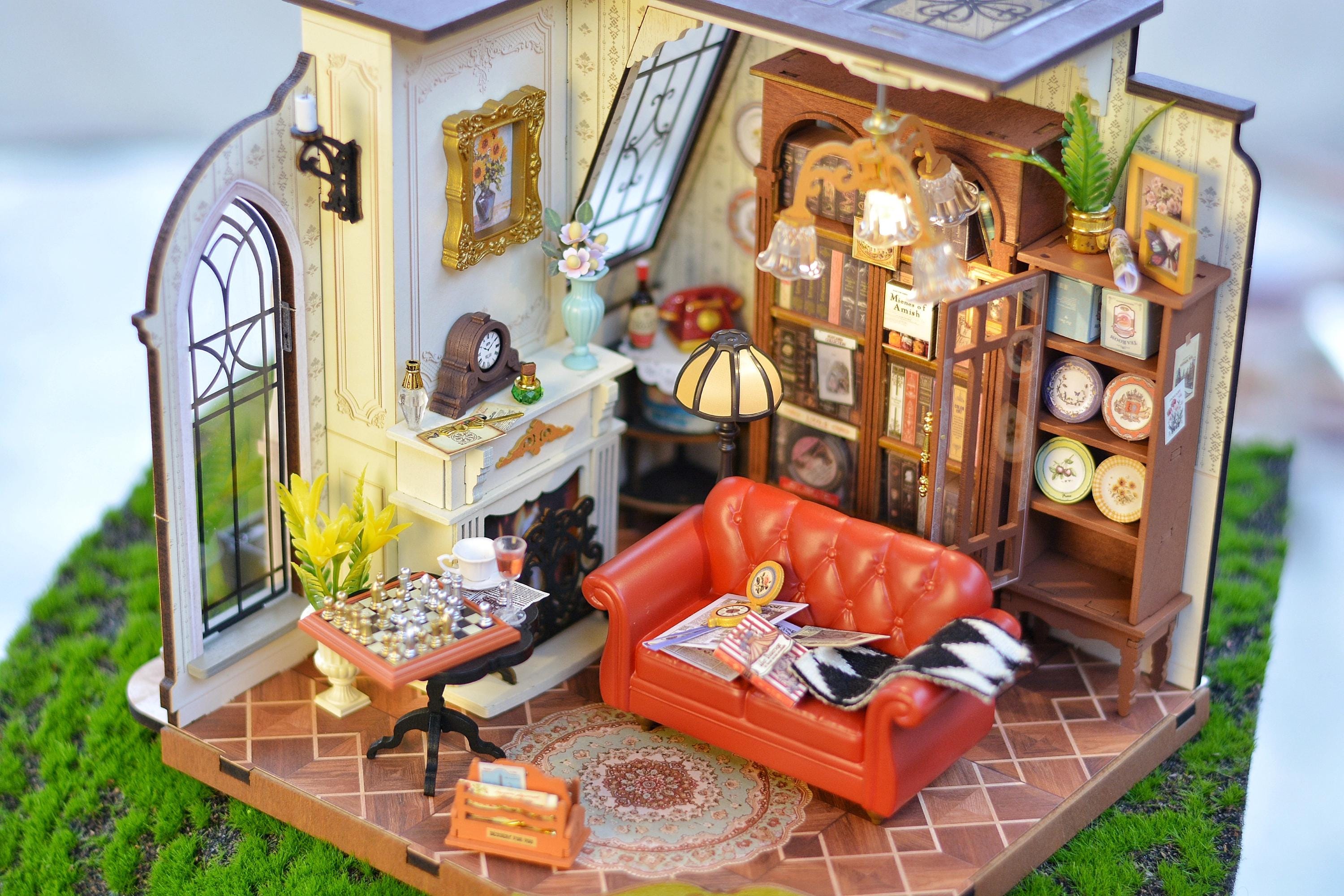 手作りのミニチュアリビングルームジオラマ、小さな家の情景