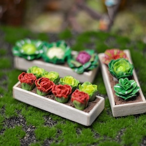 Könnte beinhalten: Miniaturgarten-Szene mit drei rechteckigen Pflanzkästen, gefüllt mit bunten, handgefertigten Blumen. Zu den Blumen gehören rote Rosen, grüne Kohlköpfe und andere leuchtende Blüten. Die Pflanzkästen stehen auf künstlichem grünen Gras.