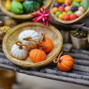 Pode incluir: Uma coleção de abóboras e abóboras em miniatura em uma cesta tecida. As abóboras são brancas e laranja, e as abóboras são brancas. As abóboras e as abóboras são organizadas em uma exibição decorativa.