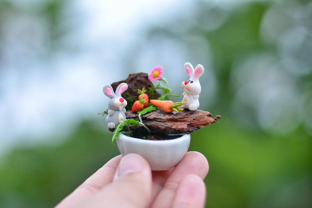 Miniature Clay Rabbit Couple, Tiny Bunny Figurine, Rabbit Diorama ...