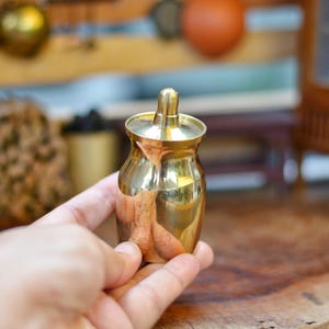 Miniature Brass Lidded Jar | Dollhouse Kitchen Decor | Functional Container | Collectible Figurine | Tiny Brass Pot