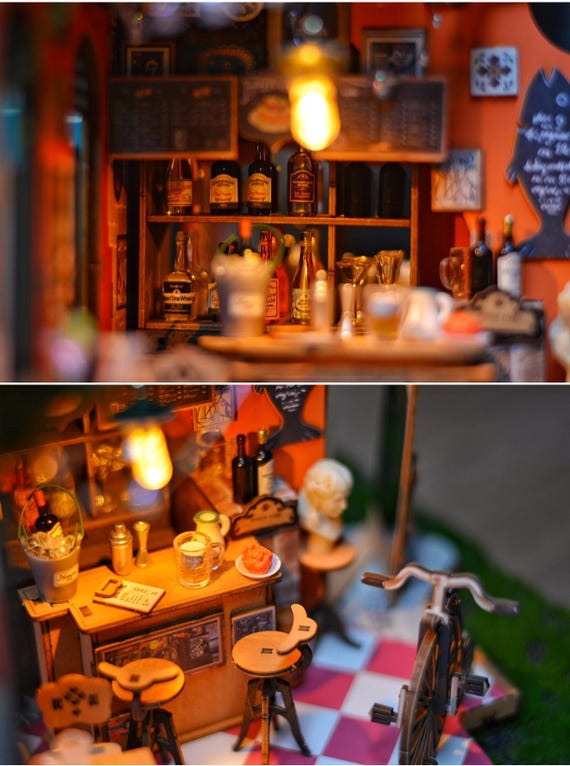 Miniature French Bistro Diorama: 3D Wooden Puzzle or Assembled