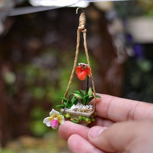 Miniature Orchid in a Small Hanging Pot: Handmade Clay Plant/Flower for Miniature Fairy Garden/Shop/Dollhouse Decoration