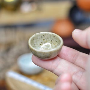 May include: A small, speckled ceramic bowl in a light tan color. The bowl is held in a person's hand. The bowl is round with a slightly flared rim. The interior of the bowl is smooth and reflective.