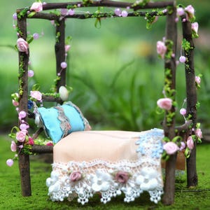 Miniature Fairy Bed Made from Stone, Wood, and Fabric