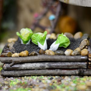 Pode incluir: Uma cena de jardim em miniatura com três pequenas plantas verdes crescendo em um vaso de madeira. O vaso é feito de troncos empilhados e fica em um leito de pequenas pedras.