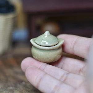 Könnte beinhalten: Ein kleiner, hellgrüner Keramiktopf mit Deckel. Der Topf ist rund mit einem kleinen, spitzen Knauf auf dem Deckel. Der Topf wird in der Hand einer Person gehalten. Der Hintergrund ist verschwommen, scheint aber ein Regal mit anderen Gegenständen zu sein.