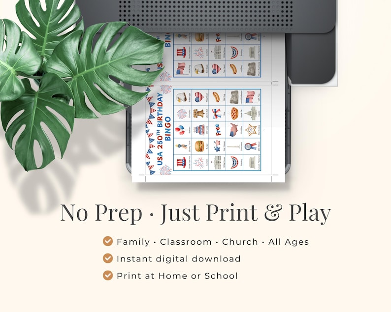 a bingo card printed on a printer, with a plant on the left side of the image.
