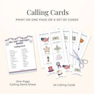 The image is a birthday-themed bingo game with a sheet of 24 calling cards and a printed bingo card.