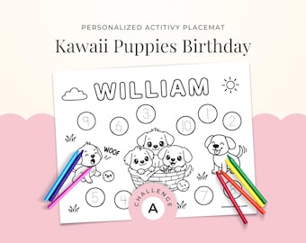 Birthday Coloring Placemat: Puppy Theme for Kids (Editable Name & Age), Personalized Template - A