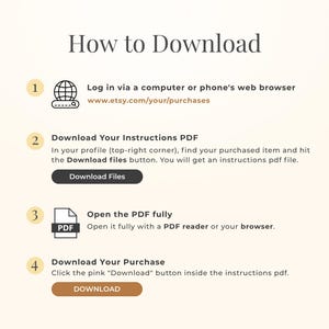 May include: An instructional graphic titled How to Download with four numbered steps. It includes icons for a globe, a PDF document, and buttons labeled Download Files and DOWNLOAD, explaining the process to access digital purchases on Etsy.