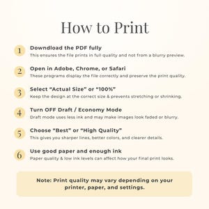 May include: An instructional graphic titled How to Print with six numbered steps on a cream background. The text provides guidance on downloading PDFs, using specific software, selecting actual size, disabling draft mode, and choosing high quality.