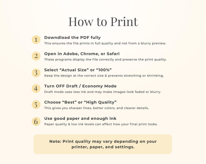 May include: An instructional graphic titled How to Print with six numbered steps on a cream background. The text provides guidance on downloading PDFs, using specific software, selecting actual size, disabling draft mode, and choosing high quality.