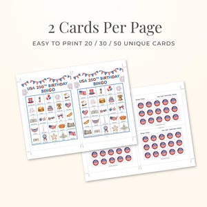 The image is a collage of two pages featuring a bingo game with the title "USA 250th Birthday BINGO". The game appears to be a birthday bingo game with a focus on the USA 250th birthday theme.
