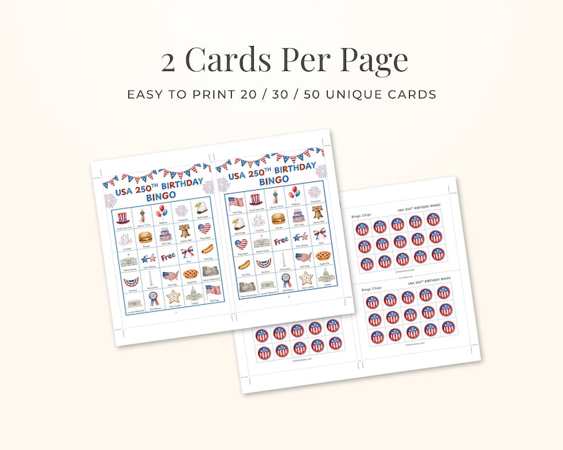 The image is a collage of two pages featuring a bingo game with the title "USA 250th Birthday BINGO". The game appears to be a birthday bingo game with a focus on the USA 250th birthday theme.