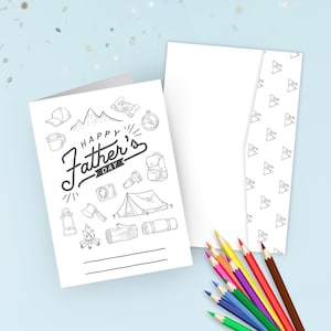 Fête des pères, carte de voeux faite maison à colorier, cadeau d'enfants, carte de voeux pour papa, campeur heureux, thème camping, activité bricolage pour enfants H051