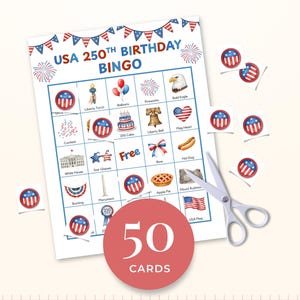 The image is an advertisement for a bingo game activity printable for the USA 250th birthday. It features a bingo card with various patriotic symbols and a pair of scissors, along with the text "USA 250th Birthday BINGO GAME FUN ACTIVITY PRINTABLE" and "50 CARDS". The image also includes a website address "Littlelovestore. Etsy" at the bottom.