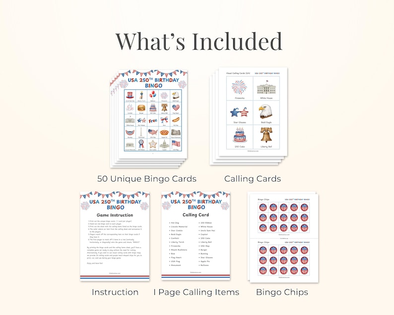 Independence Day Activity Classroom Party Entertainment Patriotic Bingo Game Educational Resource Printable Download Instant Access USA 250th Birthday Anniversary Celebration Fifty Unique Cards Interactive Group Game July Fourth Classroom