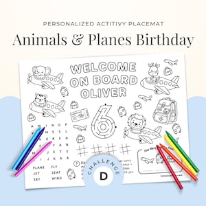 May include: A personalized activity placemat with the text "Animals & Planes Birthday." The black and white design features airplanes, animals, and activities like a word search and maze. Colored pencils are included.