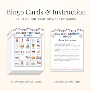 a set of 50 unique bingo cards and an instruction page for the USA 250th birthday bingo game.