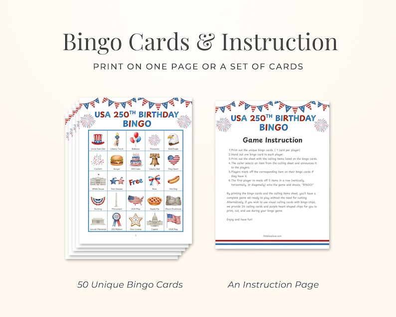 a set of 50 unique bingo cards and an instruction page for the USA 250th birthday bingo game.