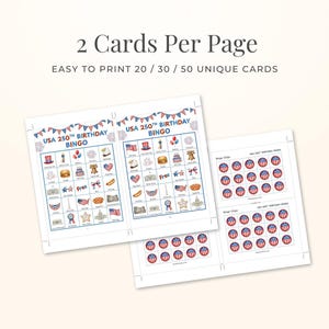The image is a collage of two pages featuring a bingo game with the title "USA 250th Birthday BINGO". The game appears to be a birthday bingo game with a focus on the USA 250th birthday theme.
