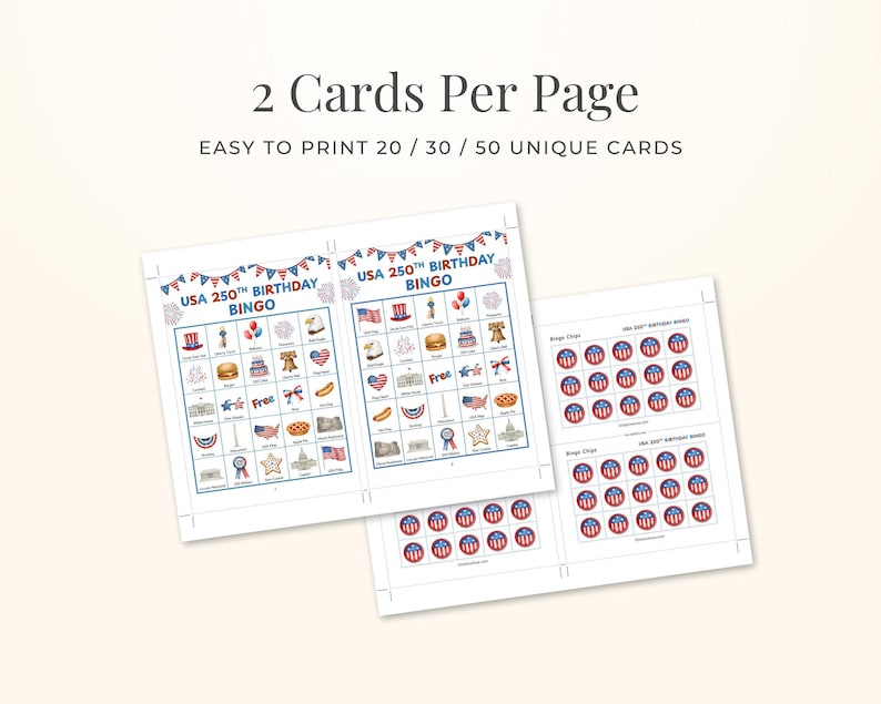 The image is a collage of two pages featuring a bingo game with the title "USA 250th Birthday BINGO". The game appears to be a birthday bingo game with a focus on the USA 250th birthday theme.