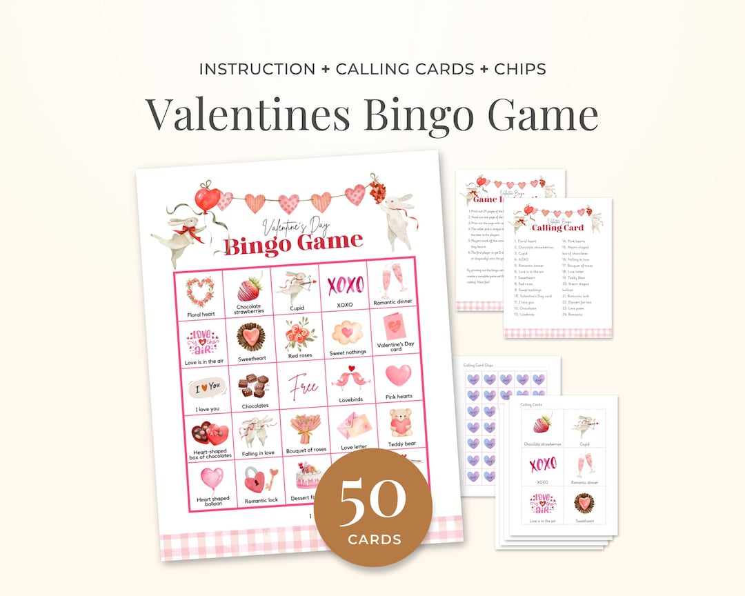 Valentines Day Bingo Game: Kids Party Printable (50 Unique Cards ...