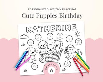 Personalized Kids Placemat: Cute Puppy Activity Sheet (Name & Age), Editable Template - A