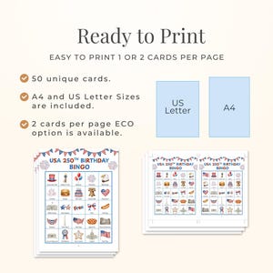 The image is a promotional graphic for a "USA 250th Birthday BINGO" event. It features two printed cards, one for each page, along with a list of features and a list of card sizes. The cards are designed to be printed on either A4 or A4-sized paper, and they include two cards per page, making them suitable for a bingo game. The event is described as easy to print and includes 50 unique cards, A4 and US Letter sizes, and the option to print two cards per page.