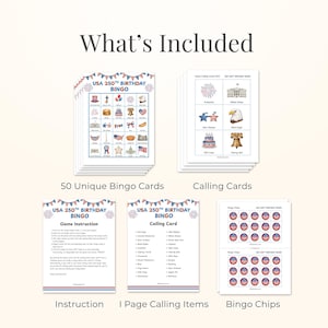 a collection of birthday-themed bingo cards and calling cards, including 50 unique bingo cards and 25 calling cards. The cards feature various patriotic symbols and imagery, such as fireworks, a white house, a flag, and a birthday cake. The instructions and bingo chips are also included in the package.