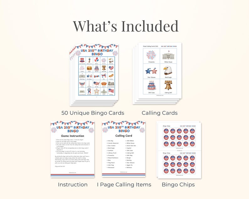 a collection of birthday-themed bingo cards and calling cards, including 50 unique bingo cards and 25 calling cards. The cards feature various patriotic symbols and imagery, such as fireworks, a white house, a flag, and a birthday cake. The instructions and bingo chips are also included in the package.