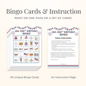 USA 250th Birthday Anniversary Semiquincentennial Celebration Patriotic Bingo Game Historical Milestone Interactive Entertainment July Fourth Independence Day Activity Printable Download Instant Access Fifty Unique Cards Classroom Party