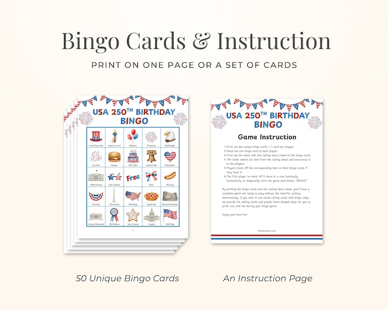USA 250th Birthday Anniversary Semiquincentennial Celebration Patriotic Bingo Game Historical Milestone Interactive Entertainment July Fourth Independence Day Activity Printable Download Instant Access Fifty Unique Cards Classroom Party