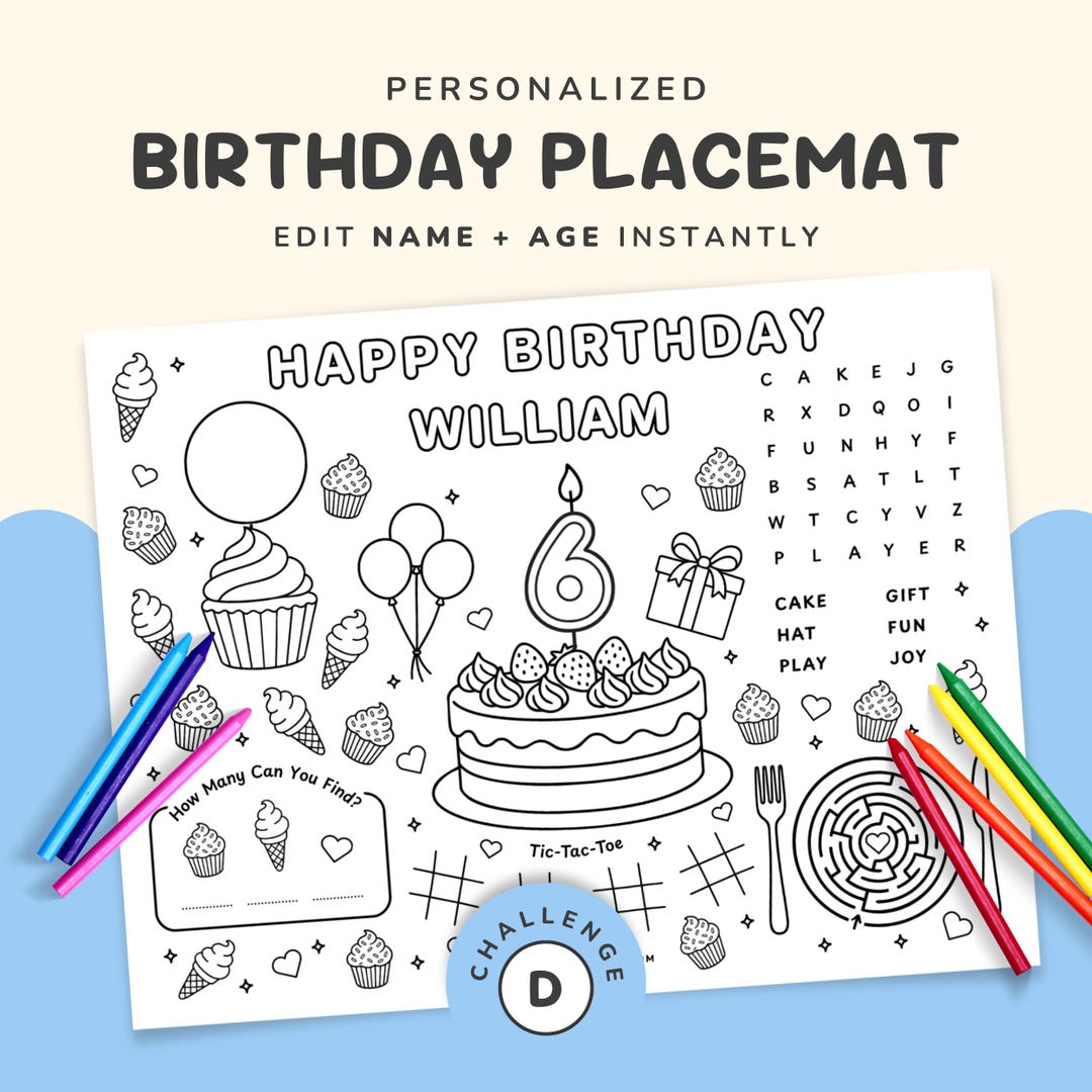 Coloring Placemat - Editable Name & Age Personalization | Easy Party ...