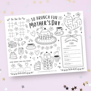 Tovagliette di carta per il brunch della festa della mamma con giochi per il tè e attività da colorare, soluzione per tovagliette natalizie, giochi stampabili da usare sulle tovagliette, H041