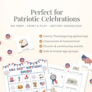 The image is a collage of patriotic-themed elements, including a bingo card, American flags, and patriotic symbols such as an eagle and a map of the United States.