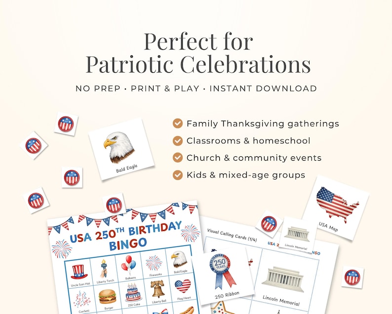 The image is a collage of patriotic-themed elements, including a bingo card, American flags, and patriotic symbols such as an eagle and a map of the United States.