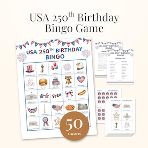 USA 250th Birthday Bingo Game, 50 Cards, America 250th Anniversary Activity, Patriotic July 4th Classroom Games, Independence Day Favor