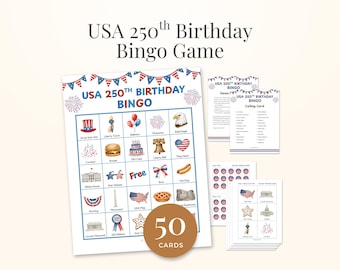 USA 250th Birthday Bingo Game, 50 Cards, America 250th Anniversary Activity, Patriotic July 4th Classroom Games, Independence Day Favor