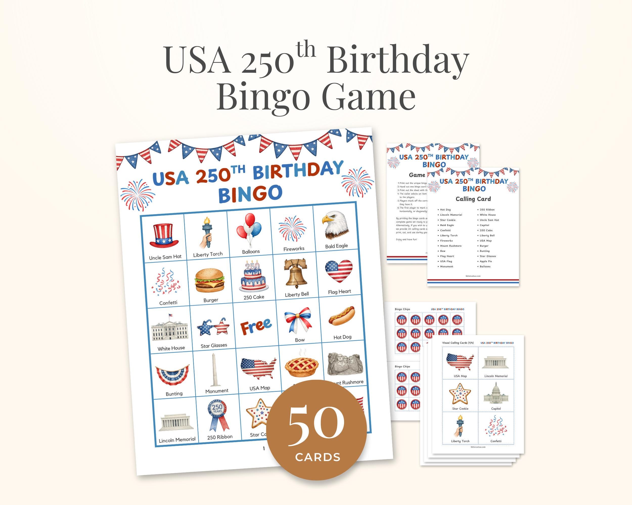 USA 250th Birthday Bingo Game 50 Cards America 250th Anniversary ...
