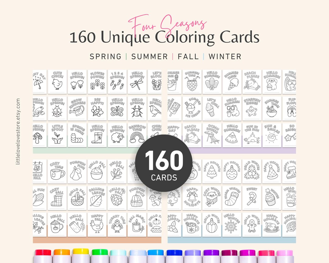 Four Seasons Cute Coloring Pages, Bold and Easy Kawaii Coloring Cards ...