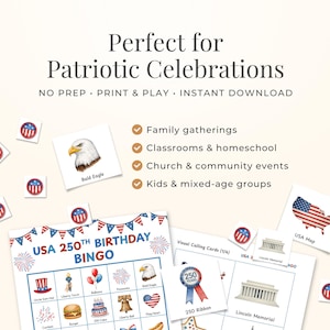 Printable Download Instant Access Patriotic Bingo Game Fifty Unique Cards July Fourth Independence Day Party Entertainment USA 250th Birthday Anniversary Celebration Semiquincentennial Interactive Activity Classroom Educational Game Family